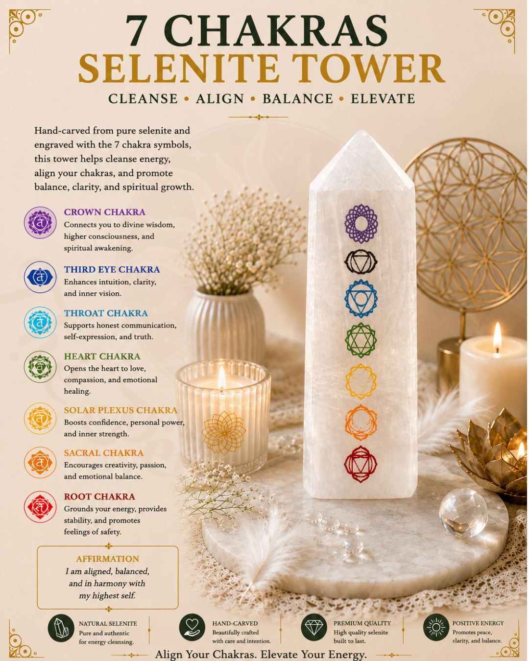 7 Chakra Selenite Tower