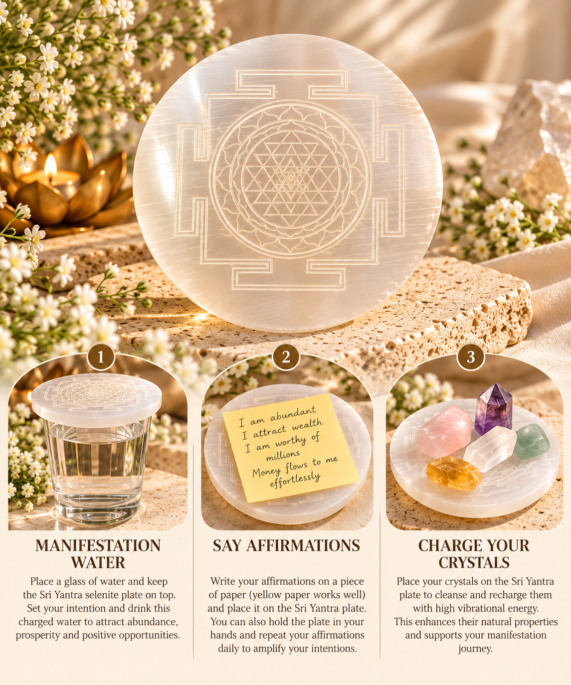 Engraved Shri Yantra Selenite Plate