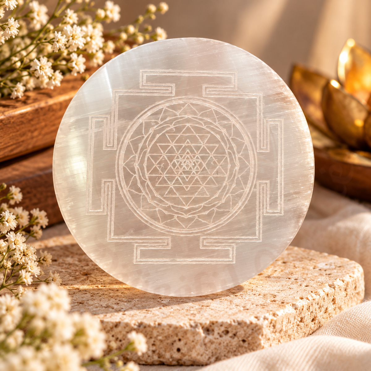Engraved Shri Yantra Selenite Plate